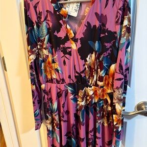 Floral V-Neck Dress - Pink and Black